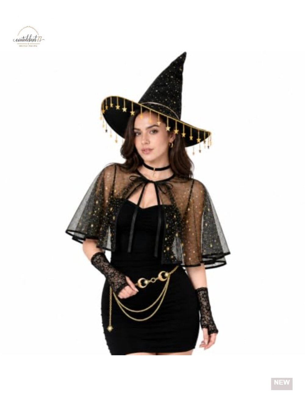 Witch Costume Set 5-Piece Hat Cape Choker Gloves Halloween Cosplay